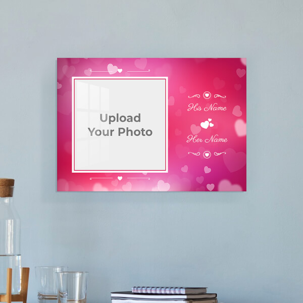 Pink Colour Background with Heart Symbols Design: Landscape Acrylic Photo Frame with Image Printing – PrintShoppy Photo Frames