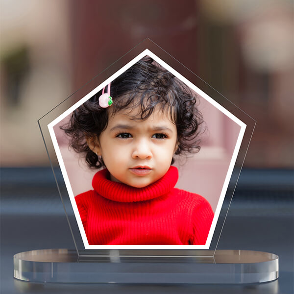 Full Pic Upload Design: Pentagon Shaped Acrylic Dashboard Photo Stand with Single Sided Image Printing