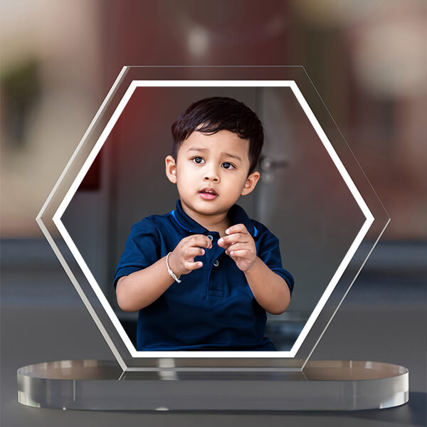 Full Pic Upload Design: Hexagon Shaped Acrylic Dashboard Photo Stand with Single Sided Image Printing