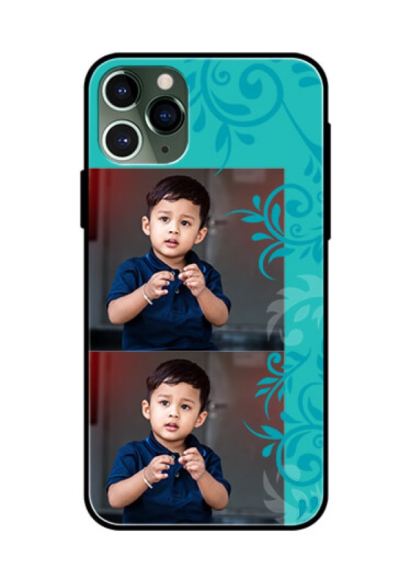 Apple iPhone 11 Pro Personalized Glass Phone Case  - with Photo and Green Floral Design 