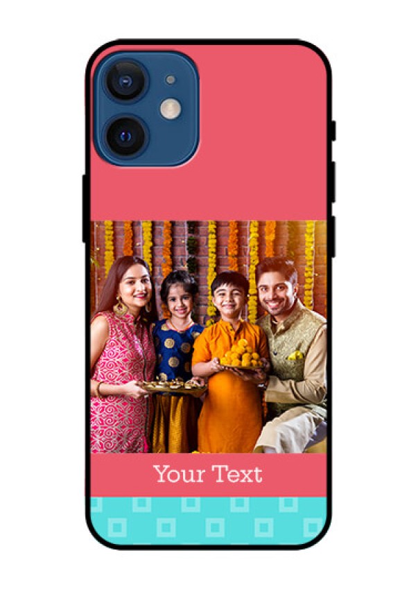 Iphone 12 Mini Personalized Glass Phone Case  - Peach & Blue Color Design