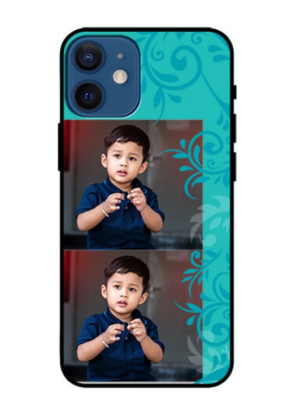 Iphone 12 Mini Personalized Glass Phone Case  - with Photo and Green Floral Design 