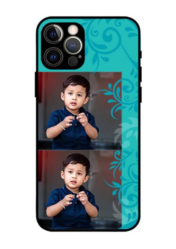 Iphone 12 Pro Personalized Glass Phone Case  - with Photo and Green Floral Design 