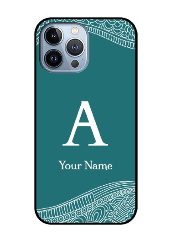 iPhone 13 Pro Max Personalized Glass Phone Case - line art pattern with custom name Design