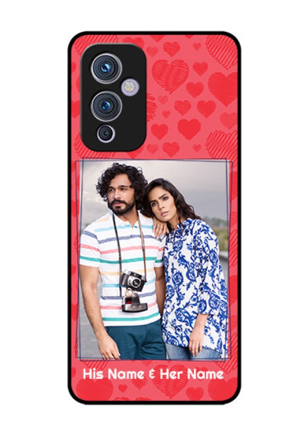 Oneplus 9 5G Photo Printing on Glass Case - with Red Heart Symbols Design