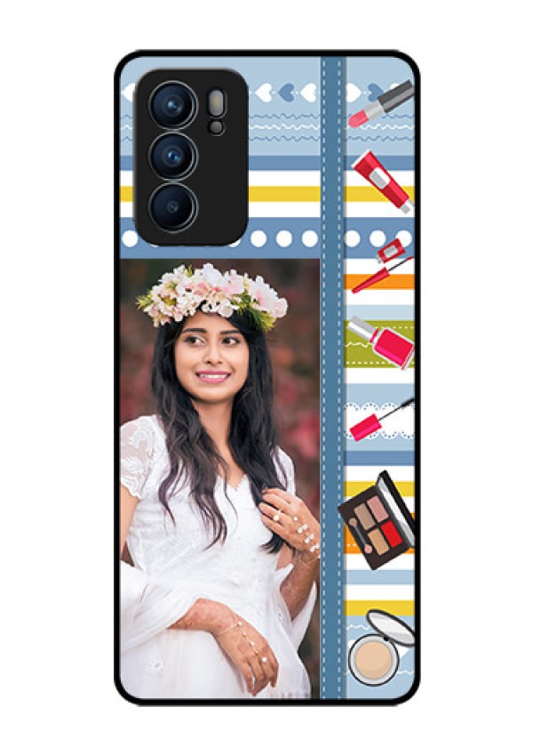 Reno 6 5G Personalized Glass Phone Case - Makeup Icons Design