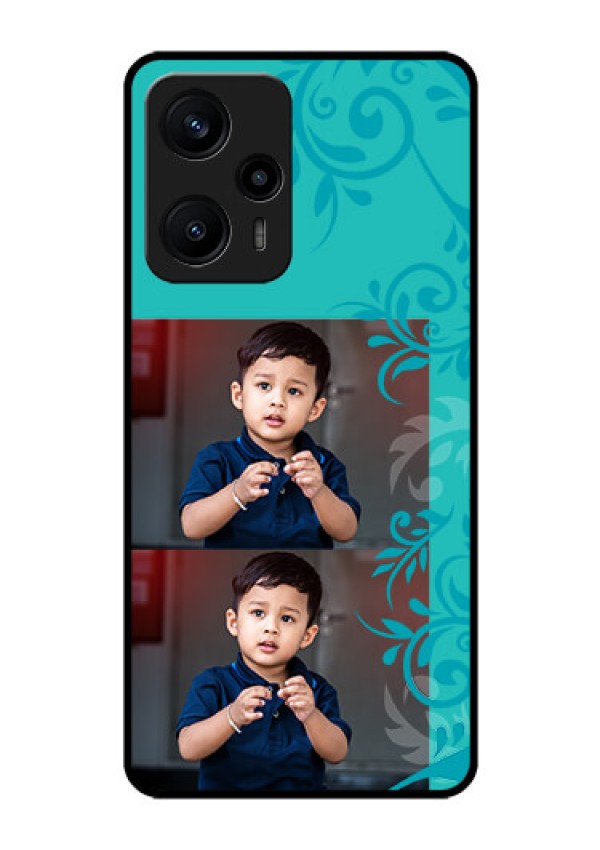 Poco F5 Personalized Glass Phone Case - with Photo and Green Floral Design