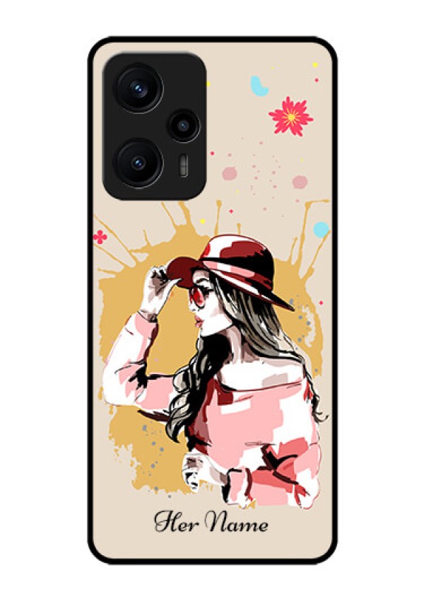 Poco F5 Photo Printing on Glass Case - Women with pink hat Design