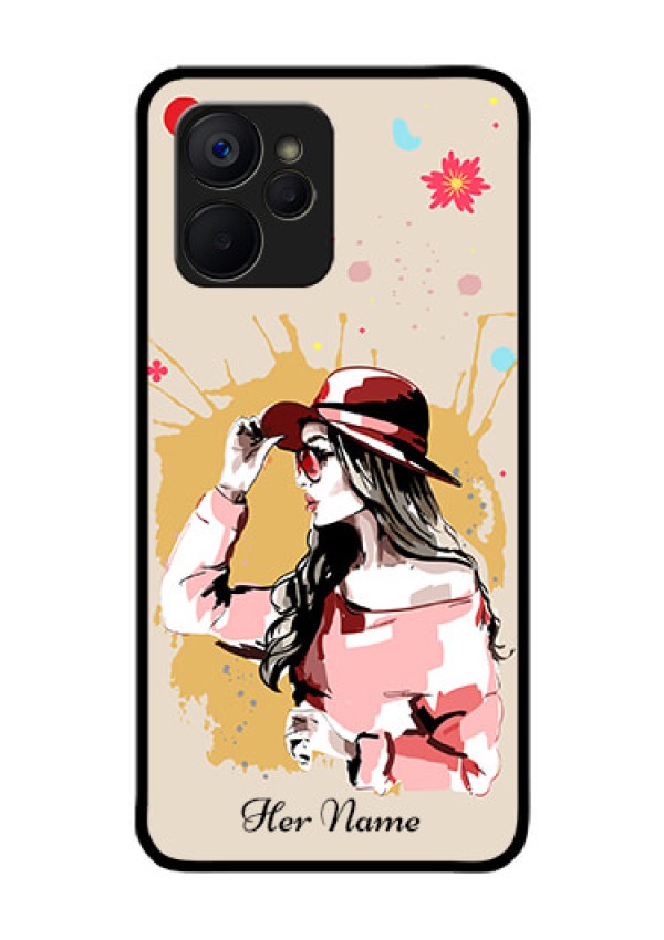 Realme 9i 5G Photo Printing on Glass Case - Women with pink hat Design