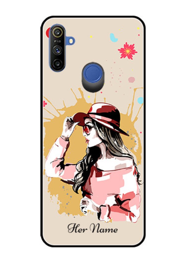Narzo 20A Photo Printing on Glass Case - Women with pink hat Design