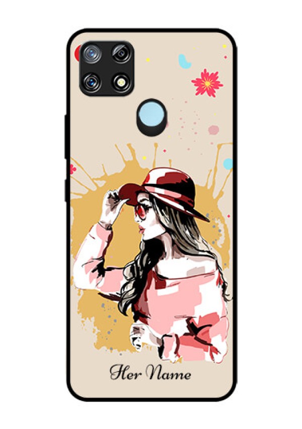 Narzo 30A Photo Printing on Glass Case - Women with pink hat Design