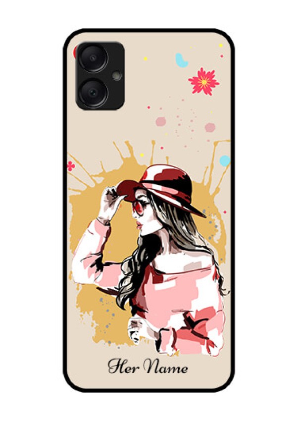 Galaxy A05 Custom Glass Phone Case - Women With Pink Hat Design