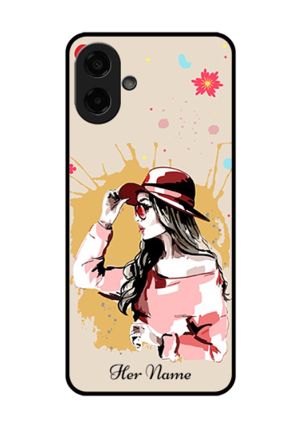 Samsung Galaxy A07 Custom Glass Phone Case - Women With Pink Hat Design