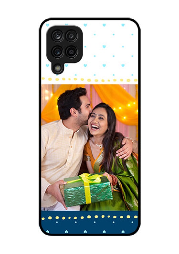 Galaxy A12 Personalized Glass Phone Case - White and Blue Abstract Design