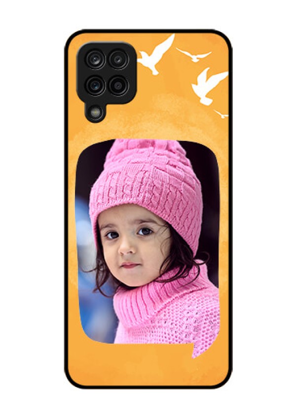Galaxy A12 Personalized Glass Phone Case - Water Color Design with Bird Icons