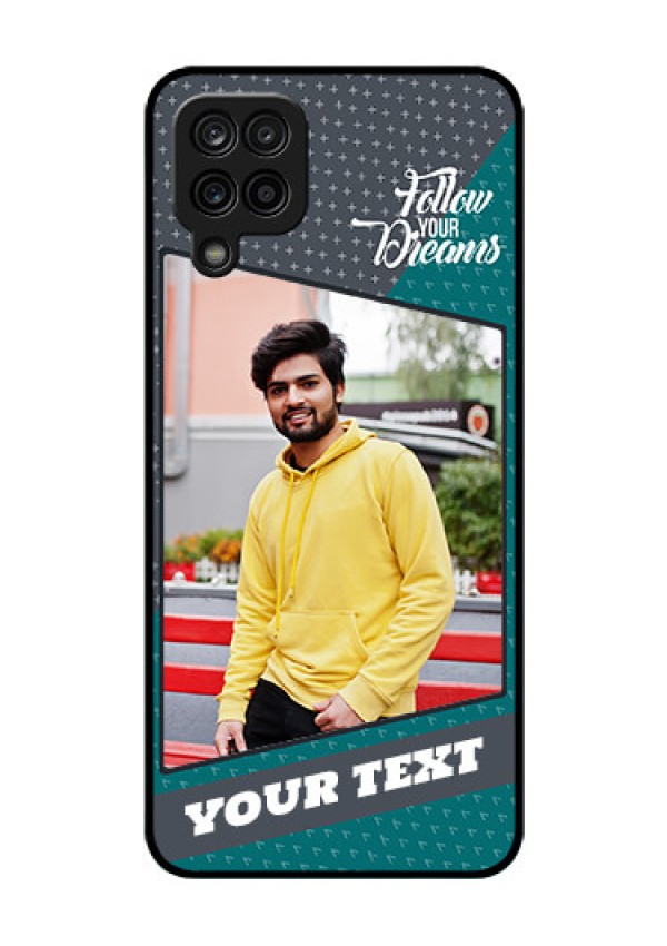 Galaxy A12 Personalized Glass Phone Case - Background Pattern Design with Quote