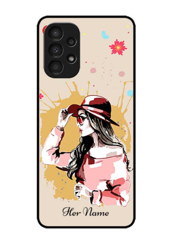 Galaxy A13 Photo Printing on Glass Case - Women with pink hat Design