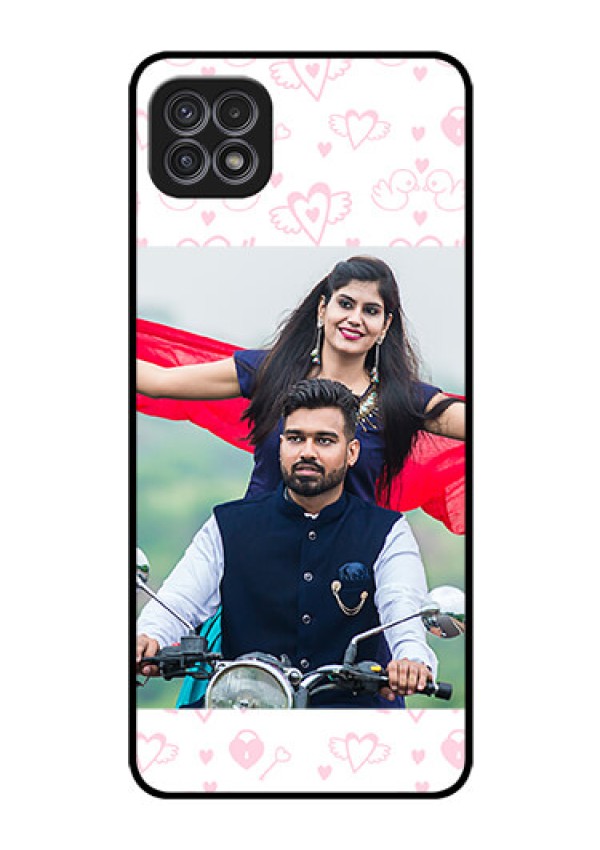 Galaxy A22 5G Custom Glass Mobile Case - Pink Flying Heart Design