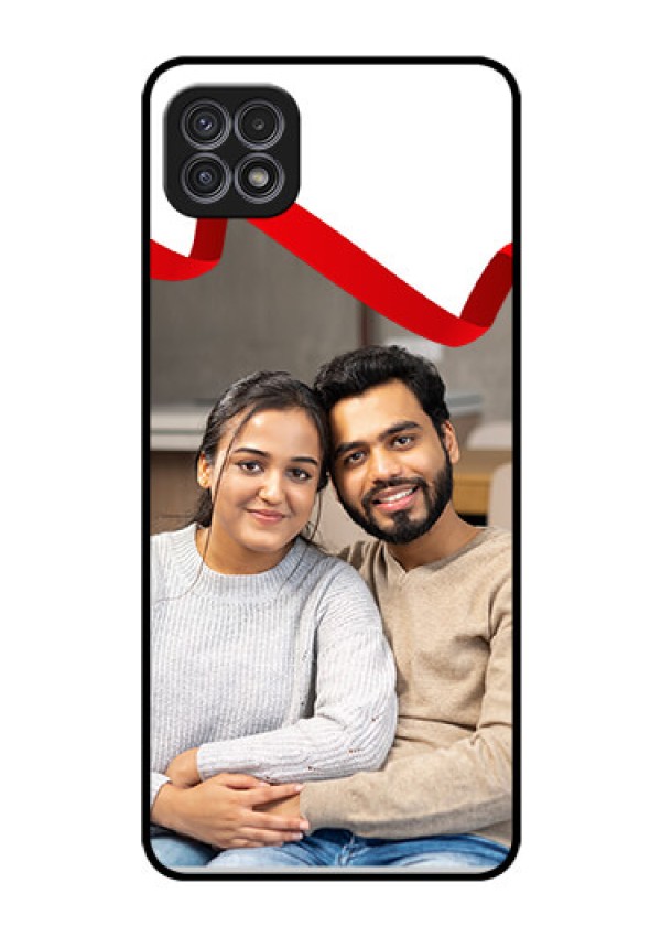 Galaxy A22 5G Photo Printing on Glass Case - Red Ribbon Frame Design
