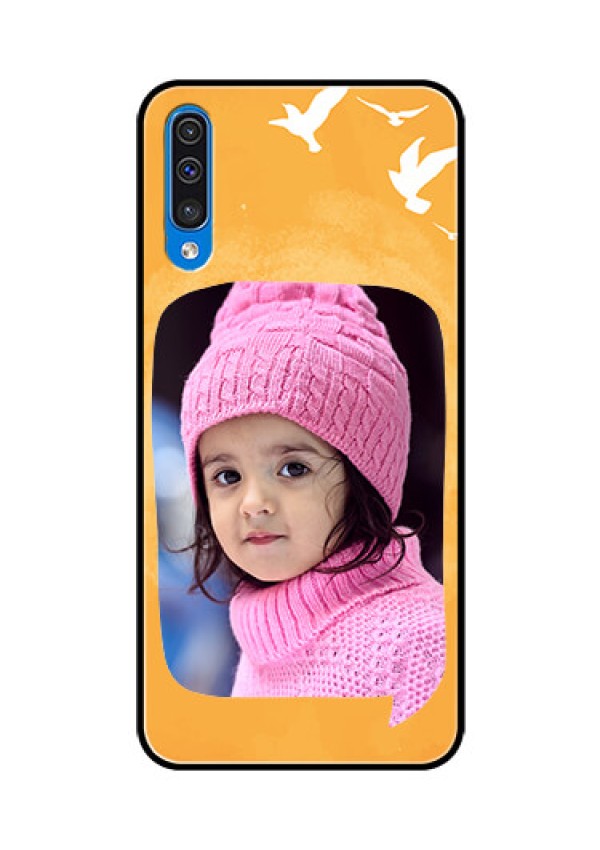 Samsung Galaxy A50 Personalized Glass Phone Case  - Water Color Design with Bird Icons