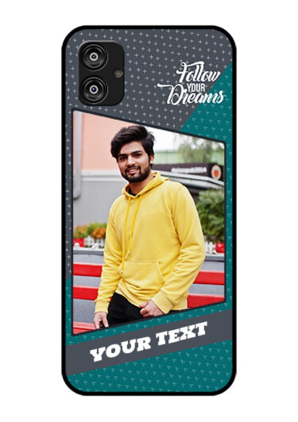Samsung Galaxy F04 Personalized Glass Phone Case - Background Pattern Design with Quote
