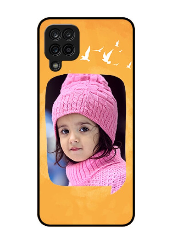 Galaxy F12 Personalized Glass Phone Case - Water Color Design with Bird Icons