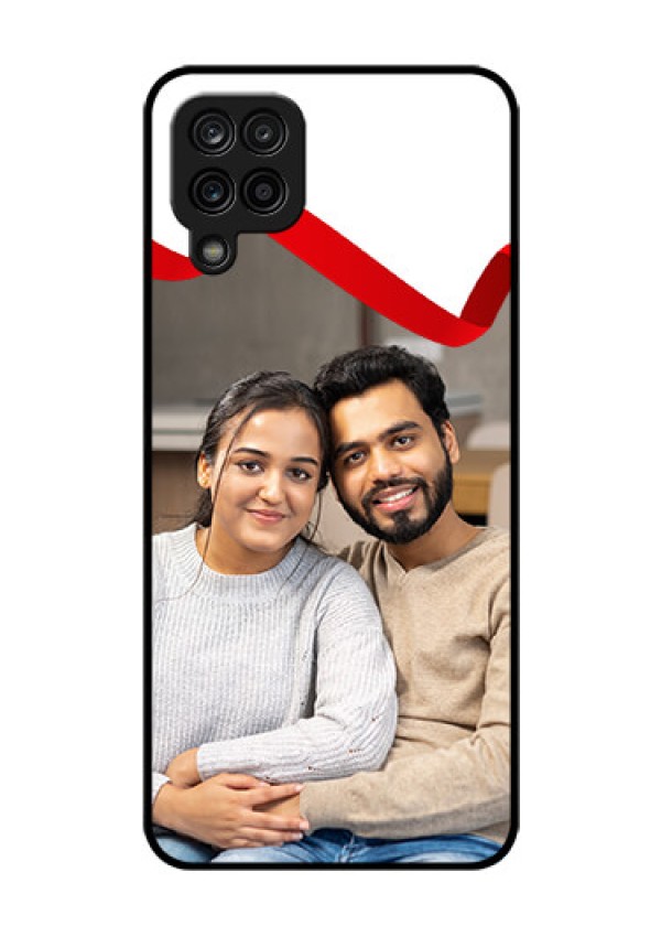 Galaxy F12 Photo Printing on Glass Case - Red Ribbon Frame Design