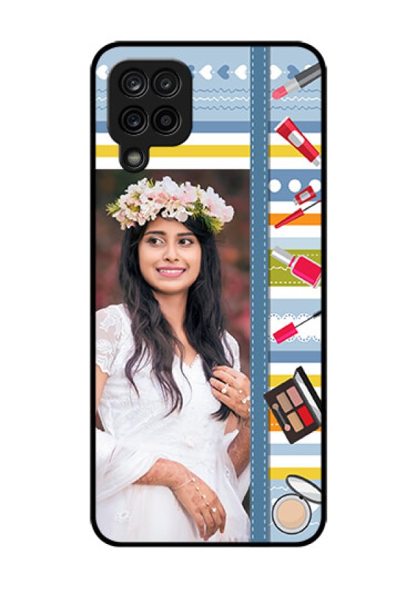 Galaxy F12 Personalized Glass Phone Case - Makeup Icons Design