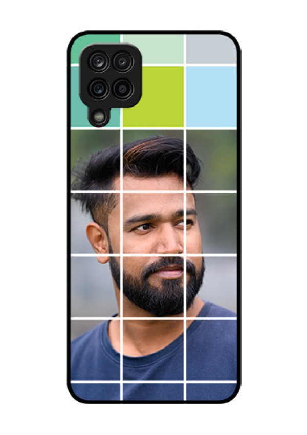 Galaxy F12 Photo Printing on Glass Case - with white box pattern 