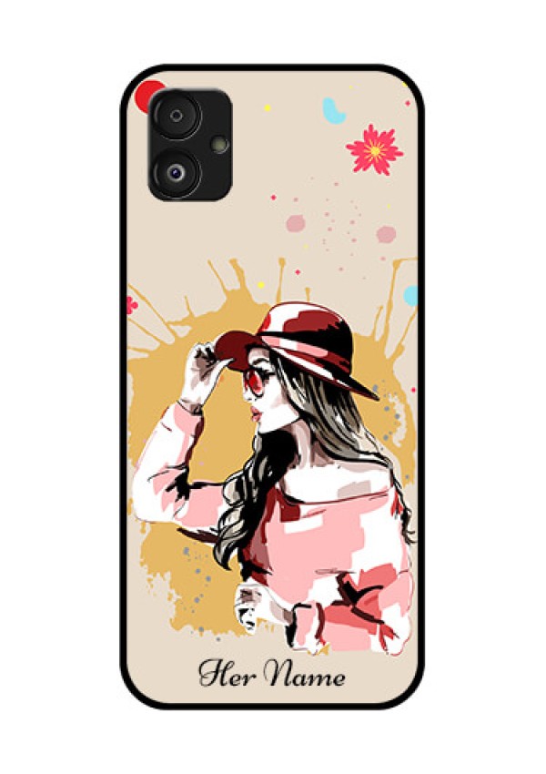 Samsung Galaxy F14 5G Photo Printing on Glass Case - Women with pink hat Design