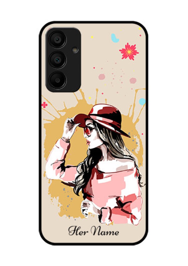 Galaxy F15 5G Custom Glass Phone Case - Women With Pink Hat Design
