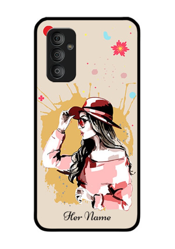 Galaxy F23 Photo Printing on Glass Case - Women with pink hat Design
