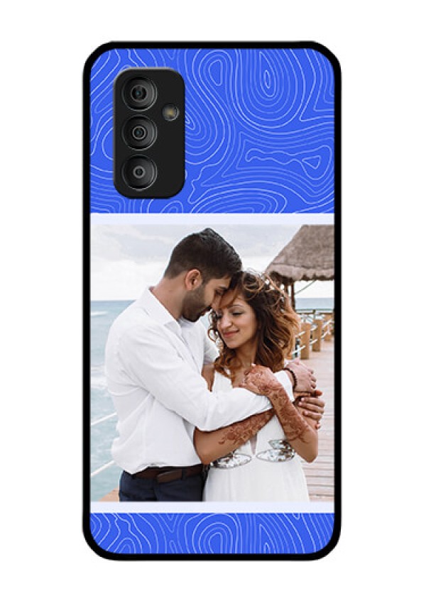 Galaxy F23 Custom Glass Mobile Case - Curved line art with blue and white Design
