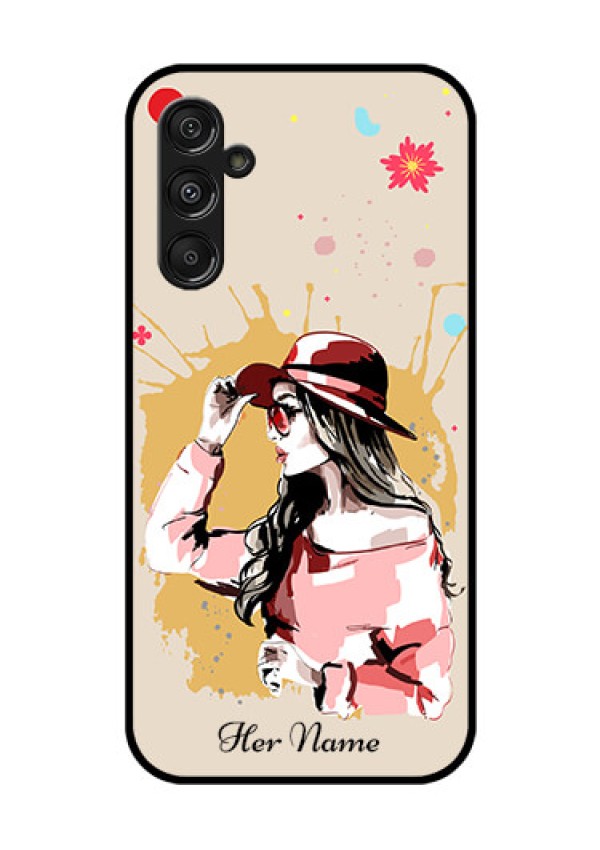 Galaxy F34 5G Custom Glass Phone Case - Women With Pink Hat Design