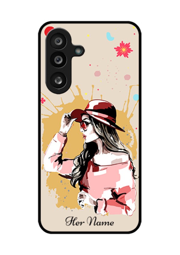 Samsung Galaxy F56 5G Custom Glass Phone Case - Women With Pink Hat Design