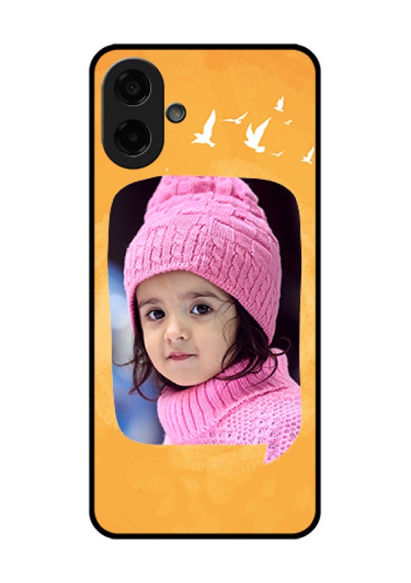 Samsung Galaxy F70e 5G Custom Glass Phone Case - Water Color Design With Bird Icons