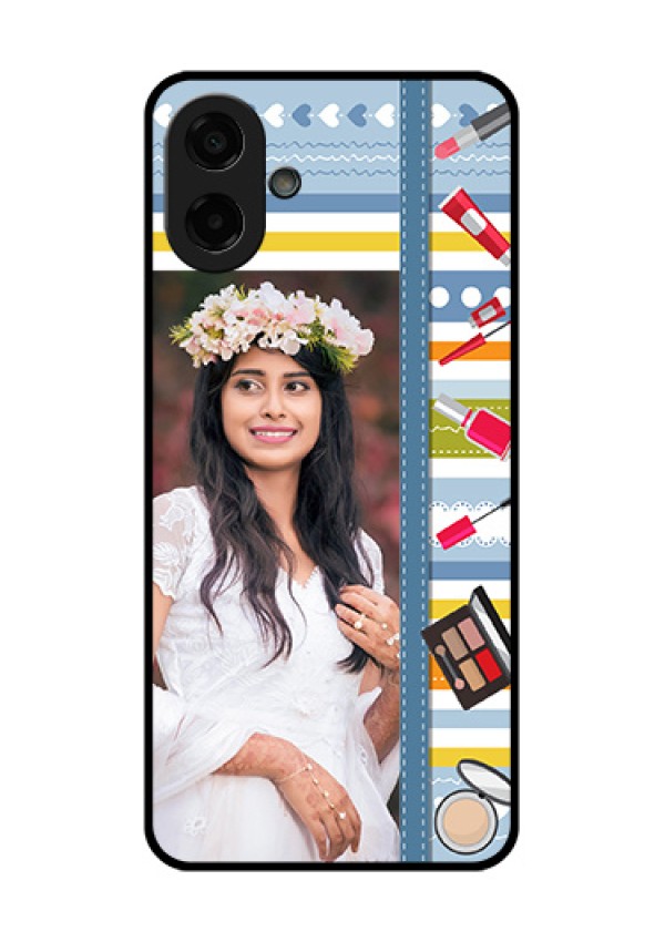 Samsung Galaxy F70e 5G Custom Glass Phone Case - Makeup Icons Design