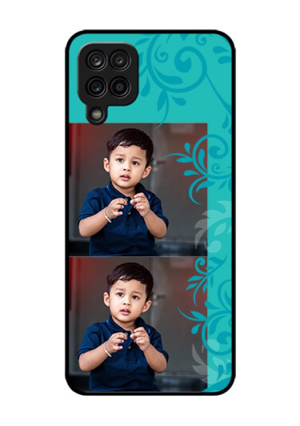 Galaxy M12 Personalized Glass Phone Case - with Photo and Green Floral Design 