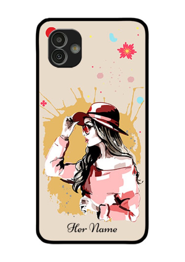 Galaxy M13 5G Photo Printing on Glass Case - Women with pink hat Design