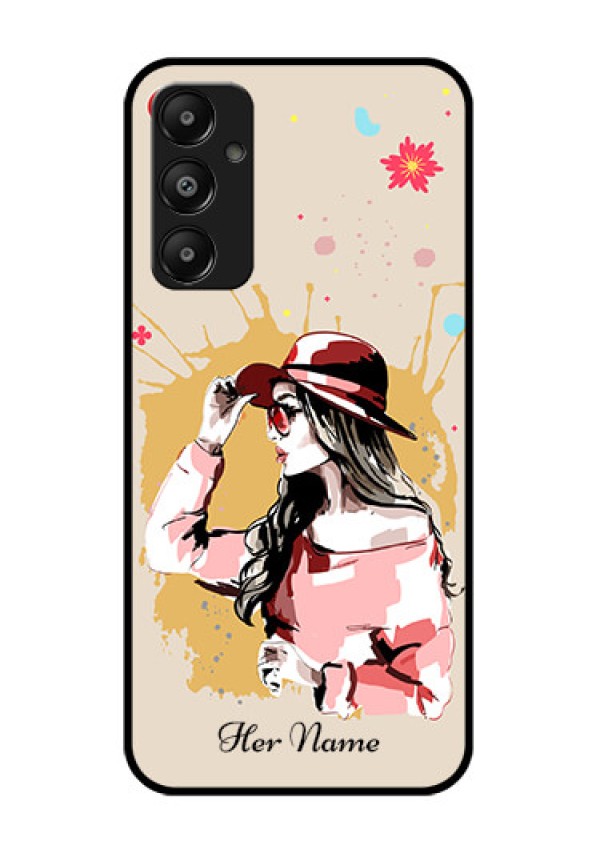 Galaxy M14 4G Custom Glass Phone Case - Women With Pink Hat Design