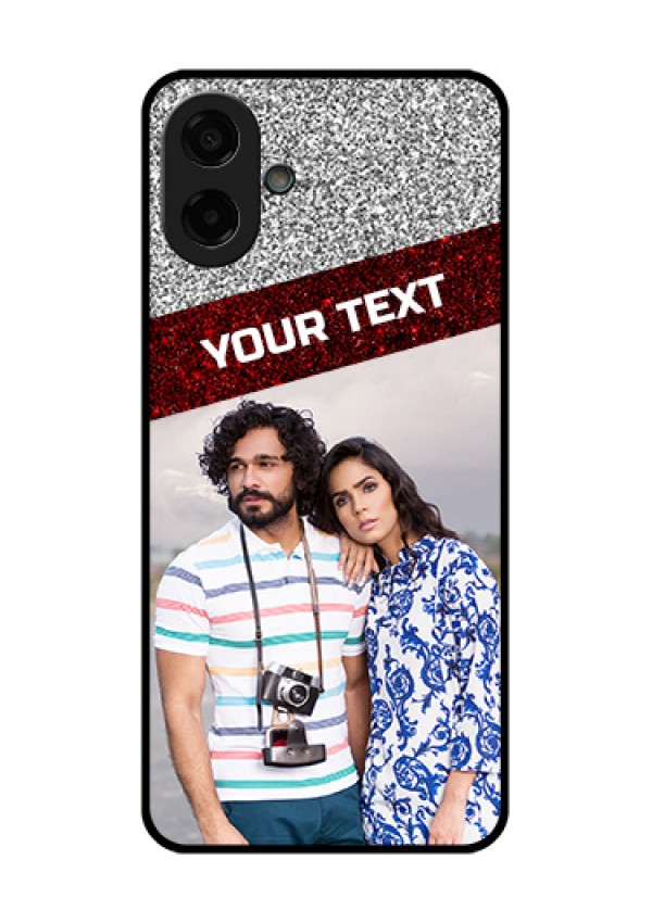 Samsung Galaxy M17e Custom Glass Phone Case - Image Holder With Glitter Strip Design