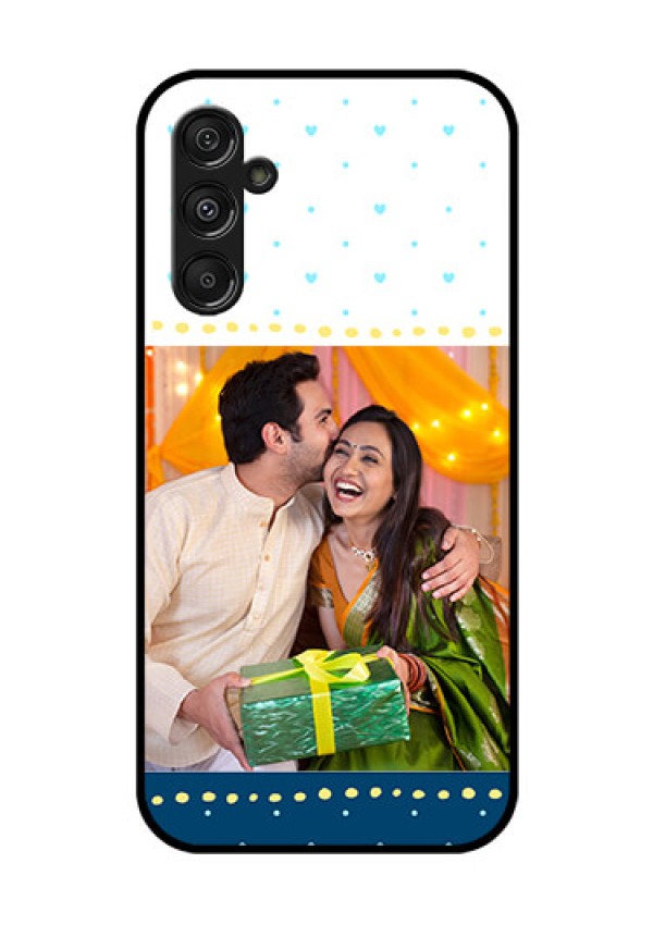 Samsung Galaxy M34 5G Personalized Glass Phone Case - White and Blue Abstract Design