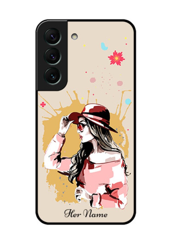 Galaxy S22 5G Photo Printing on Glass Case - Women with pink hat Design