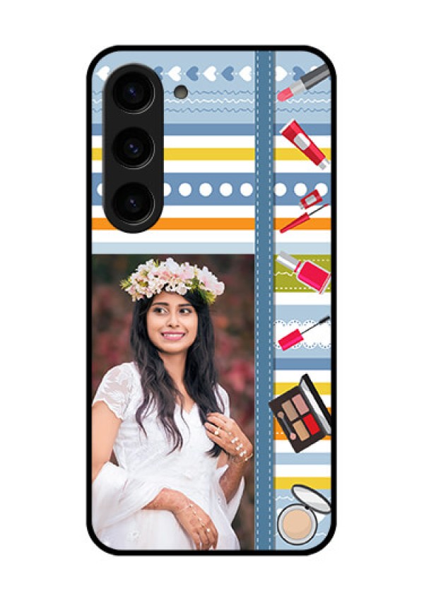Galaxy S23 5G Personalized Glass Phone Case - Makeup Icons Design
