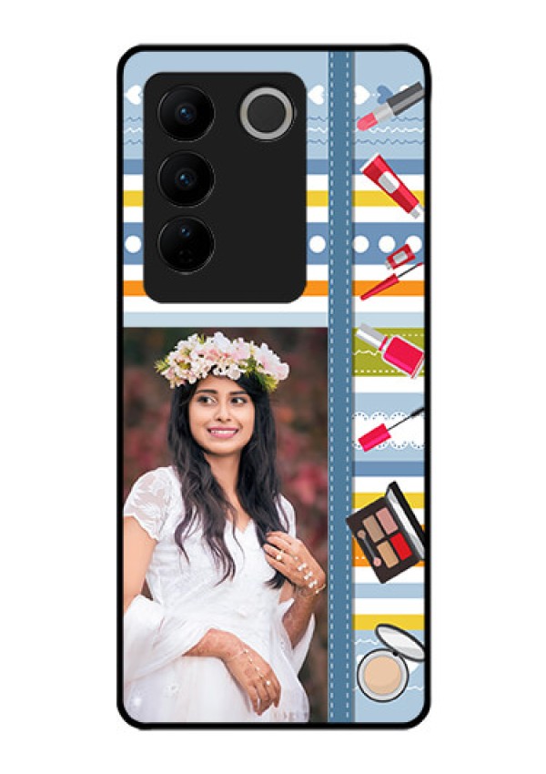 Vivo V27 Pro 5G Personalized Glass Phone Case - Makeup Icons Design