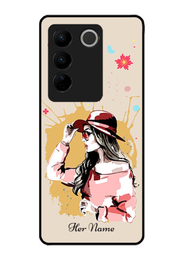 Vivo V27 Pro Photo Printing on Glass Case - Women with pink hat Design