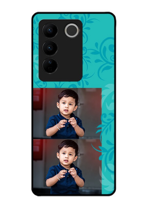 Vivo V27 5G Personalized Glass Phone Case - with Photo and Green Floral Design