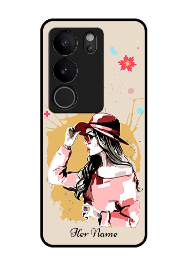 Vivo V29 5G Custom Glass Phone Case - Women With Pink Hat Design