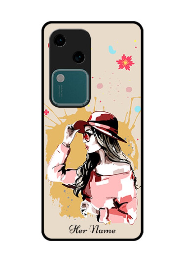 Vivo V30 5G Custom Glass Phone Case - Women With Pink Hat Design
