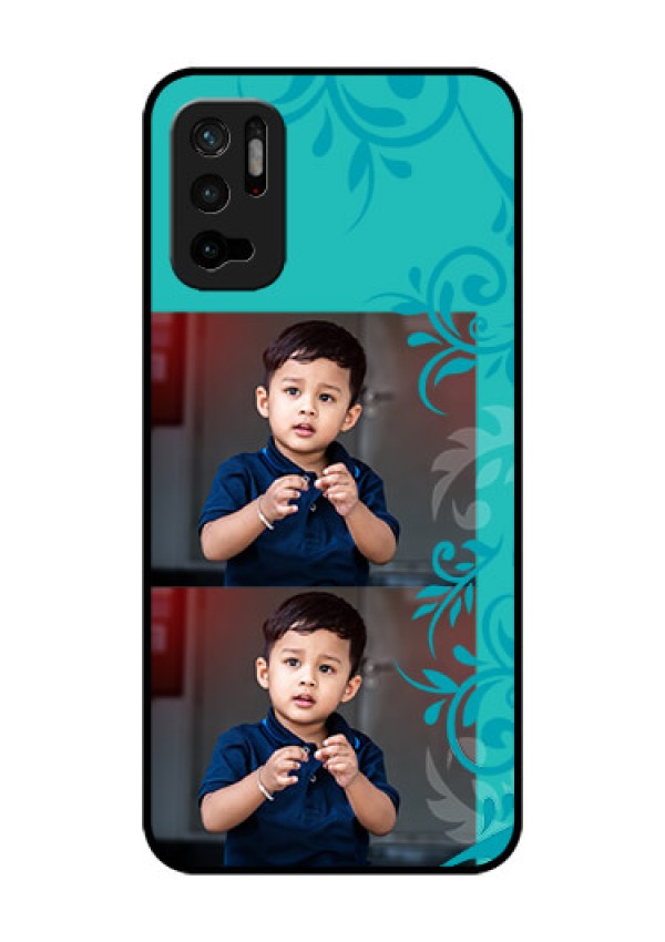 Redmi Note 10T 5G Personalized Glass Phone Case - with Photo and Green Floral Design 